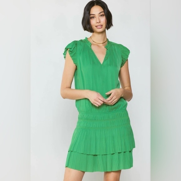 Current Air Anthropologie Zoey Smocked Dress Green Small Ruffled Pleated Print - Picture 1 of 10